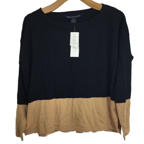 French Connection Cotton Chopin Color Block Knit Sweater Black Camel Medium NWT - Picture 1 of 10